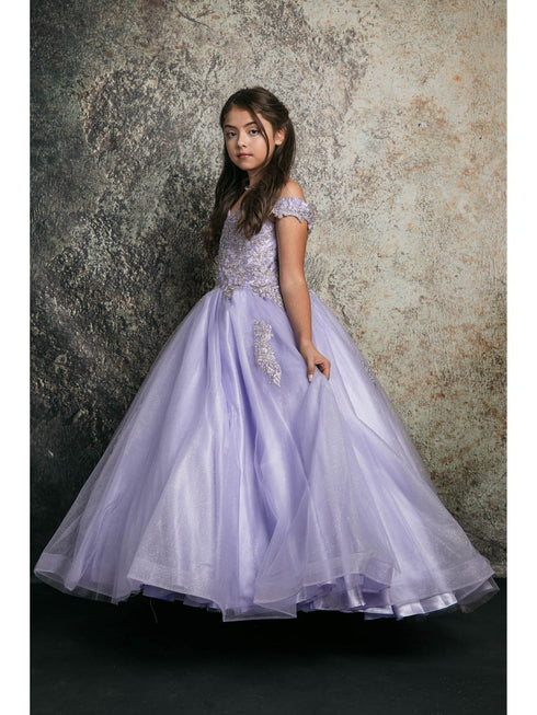Petite Adele Little Girls Lilac Embroidered Bodice Off Shoulder Tulle Gown 2-6 - SophiasStyle.com